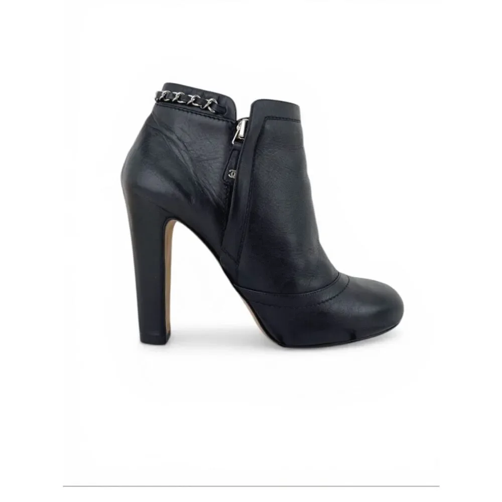 Chanel Black Leather Chain Details Ankle Booties US 8